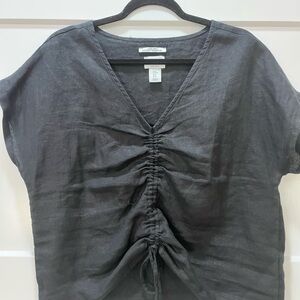 Nicole Miller Black Linen Ruched V-Neck Blouse